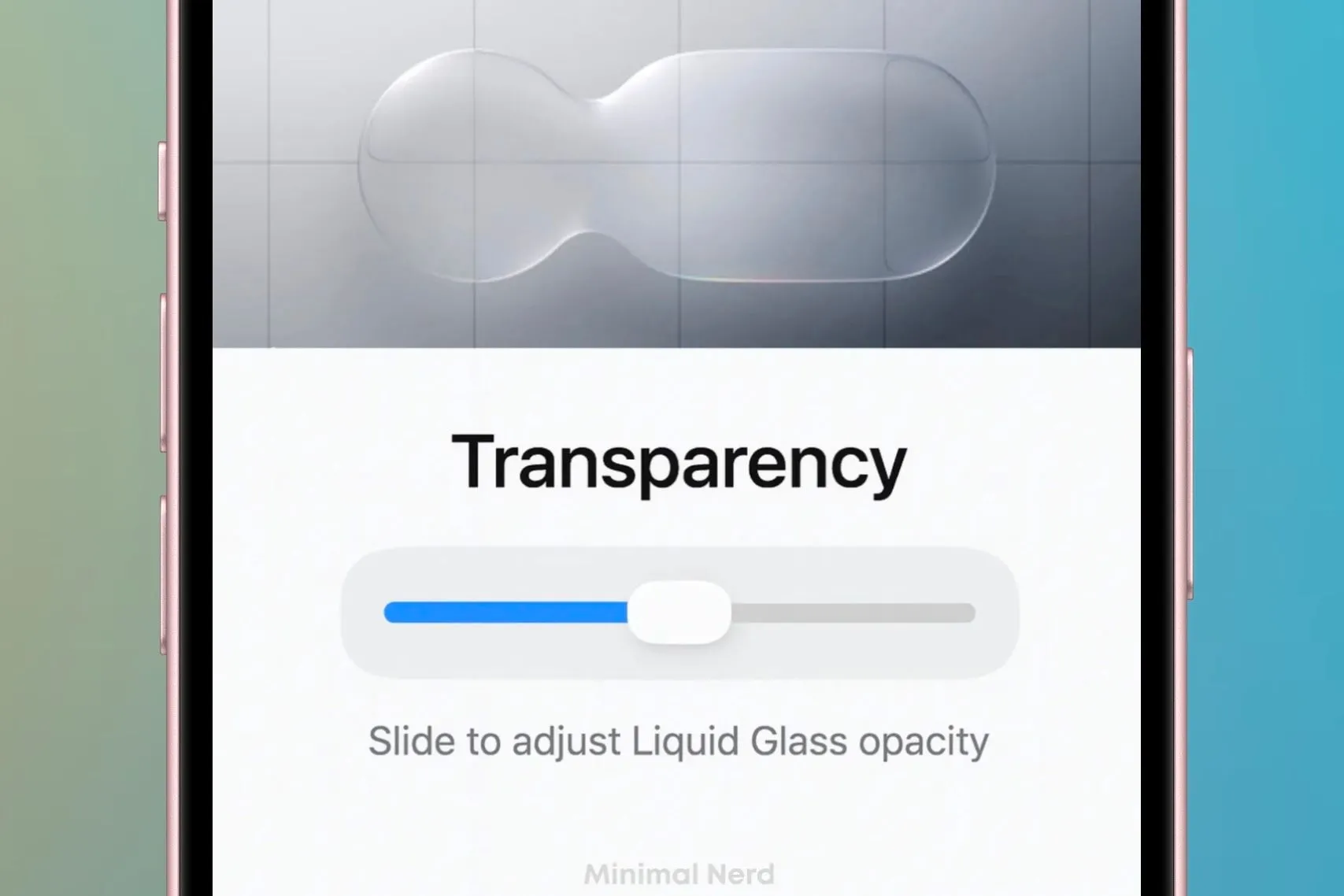 Mô phỏng thanh trượt tùy chỉnh cường độ hiệu ứng Liquid Glass trên cài đặt iOS, giúp người dùng điều chỉnh độ mờ theo ý muốn.