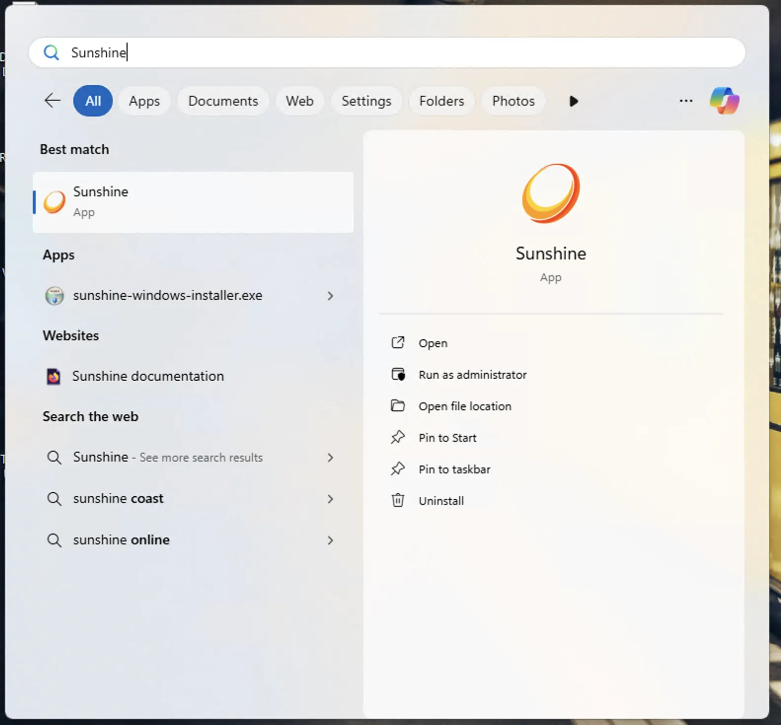Mở ứng dụng Sunshine từ menu Start của Windows, sẵn sàng cấu hình server stream game.