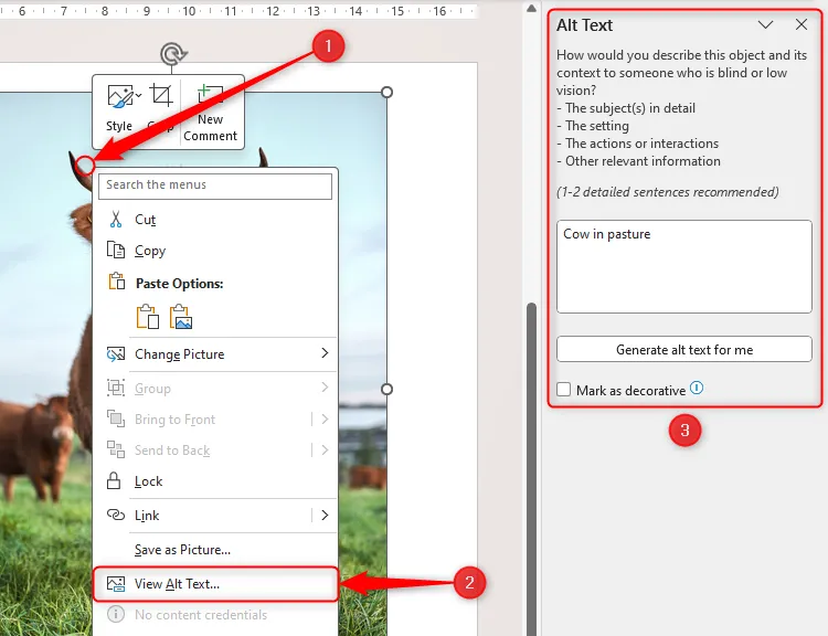 Một hình ảnh trong PowerPoint được chọn bằng chuột phải, menu thả xuống hiển thị và tùy chọn &quot;View Alt Text&quot; được làm nổi bật, cùng với ngăn &quot;Alt Text&quot; hiển thị ở bên phải màn hình.