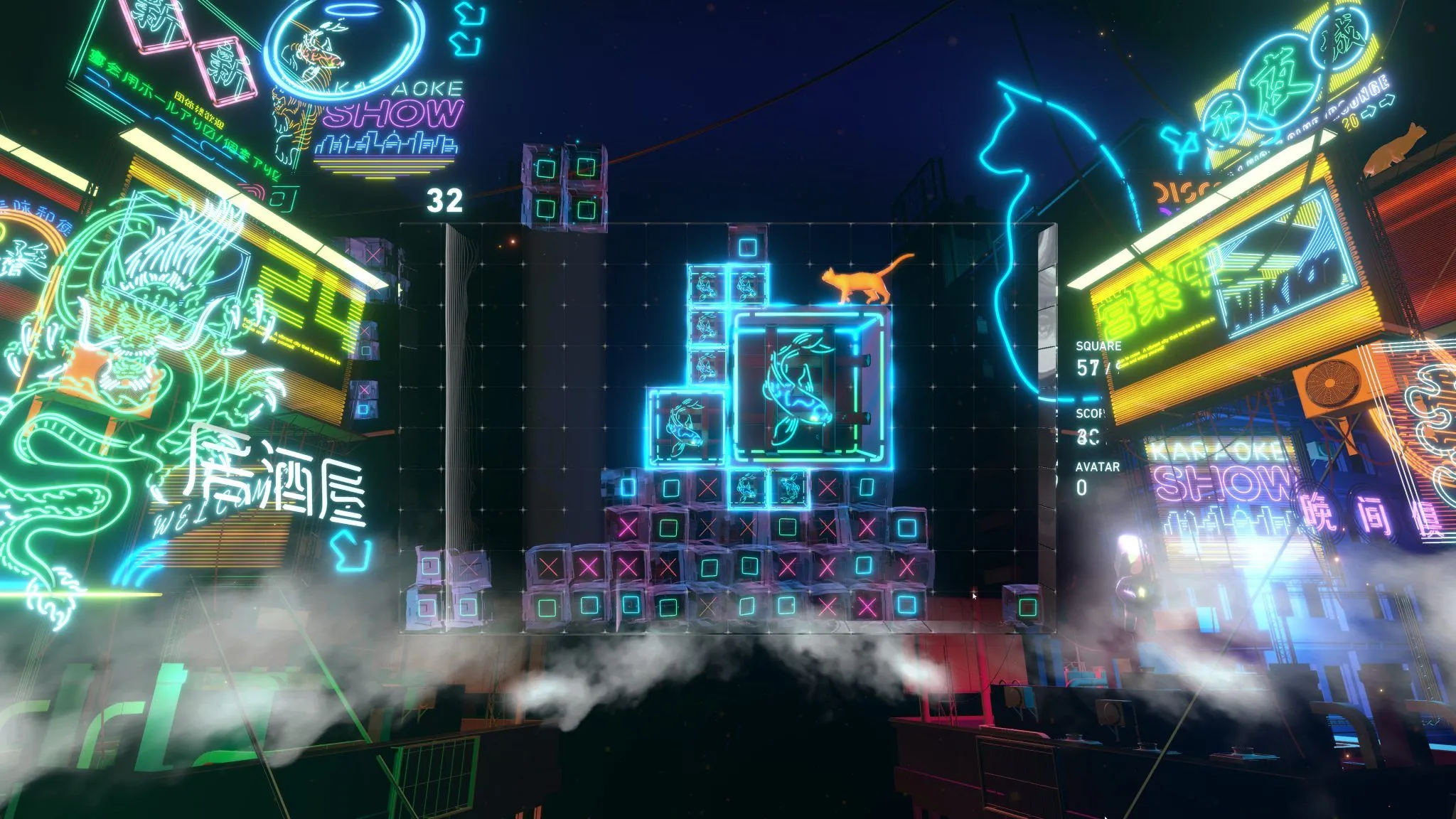 Một màn chơi thành phố Trung Quốc với đèn neon và hình ảnh một con mèo trong game Lumines Arise, nhấn mạnh yếu tố thị giác và âm nhạc.