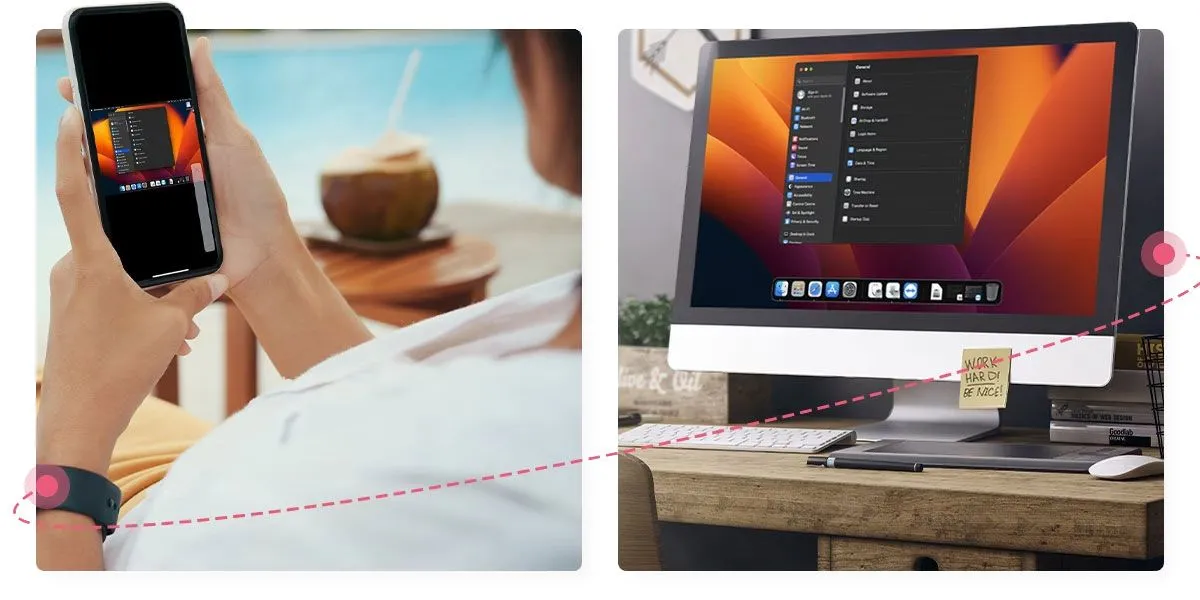 Một người đàn ông đang sử dụng TeamViewer để truy cập máy tính của mình từ điện thoại di động, thể hiện tính linh hoạt và khả năng điều khiển từ xa của ứng dụng.