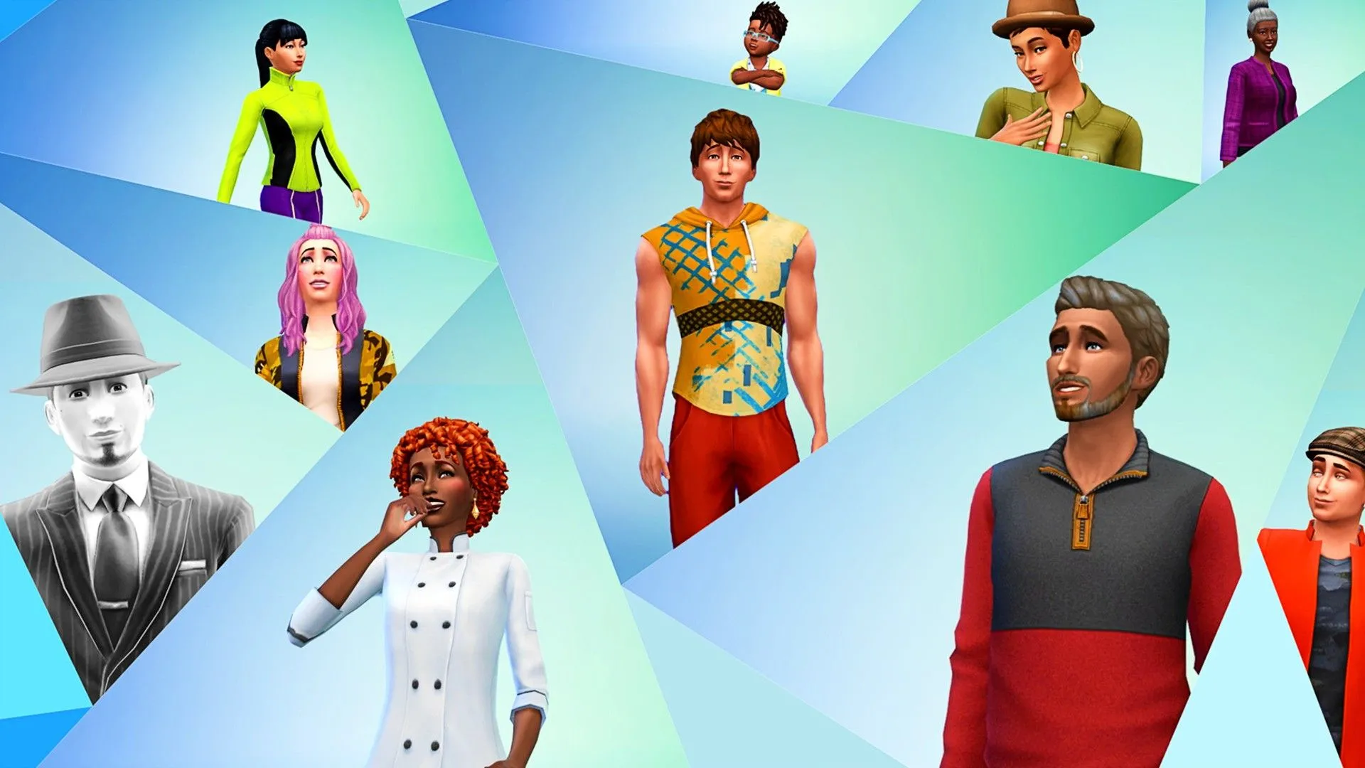 Một nhóm các Sim được tạo trong The Sims 4 đang nhìn xung quanh, thể hiện khả năng tùy chỉnh nhân vật và cuộc sống ảo.