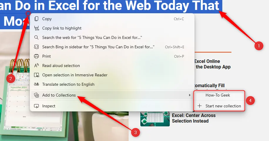 Một số văn bản trên trang web được chọn, và tùy chọn thêm văn bản đó vào Bộ sưu tập Microsoft Edge được làm nổi bật thông qua menu chuột phải.