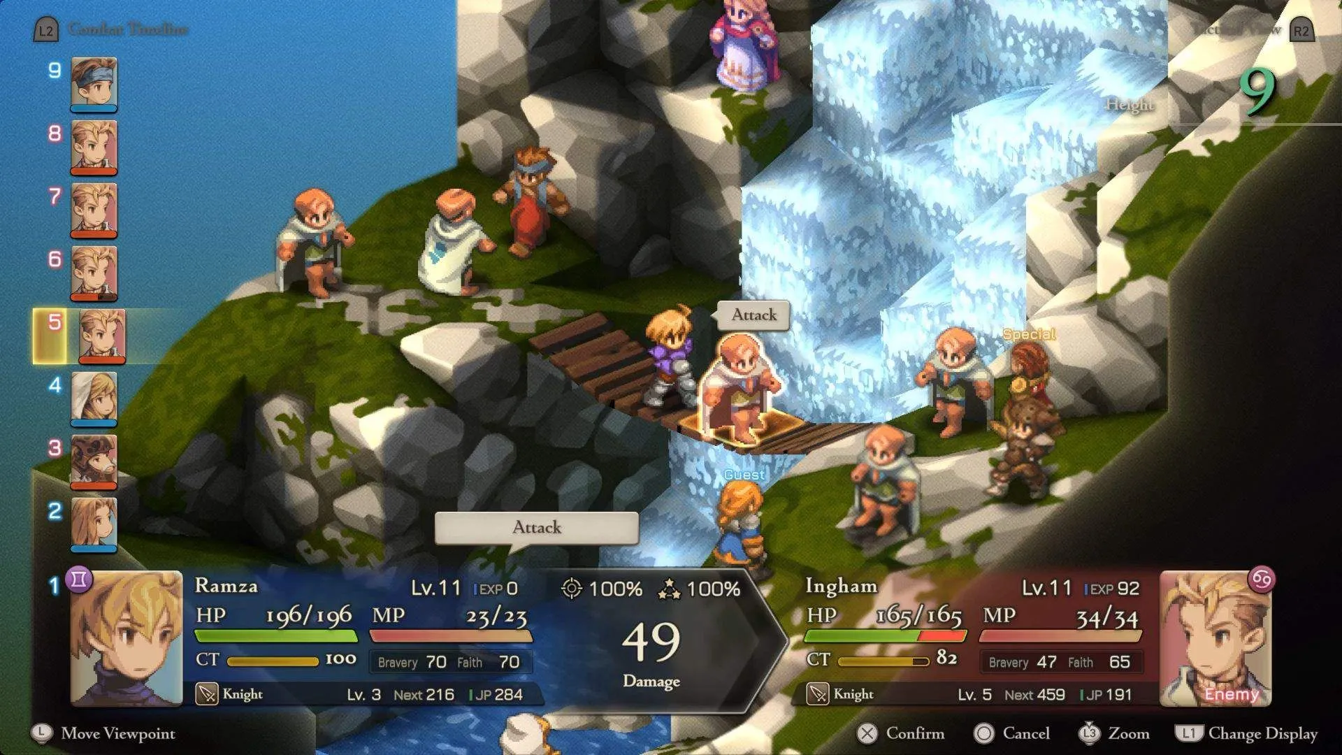 Một trận chiến diễn ra trên thác nước trong phiên bản remastered của Final Fantasy Tactics, thể hiện đồ họa được làm lại.