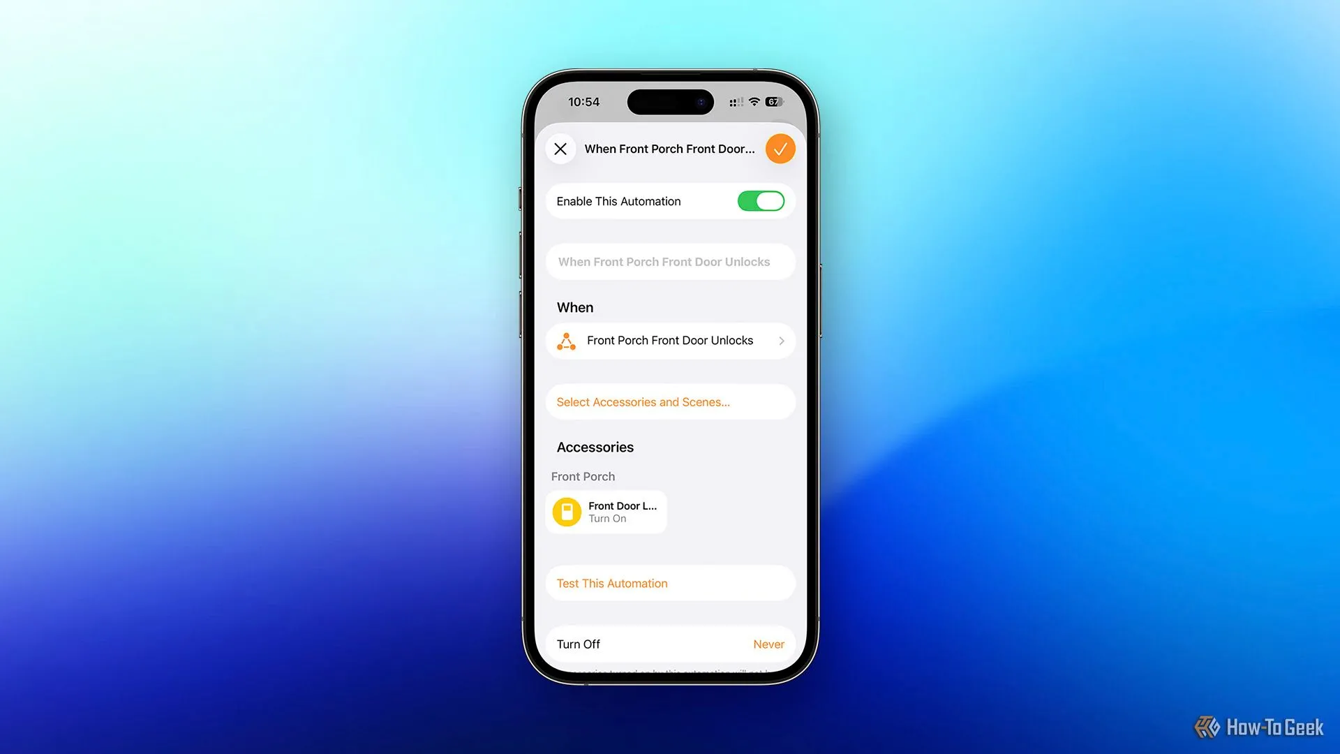 Một tự động hóa HomeKit khác giúp bật công tắc ảo khi cửa được mở khóa, đảm bảo đồng bộ trạng thái.