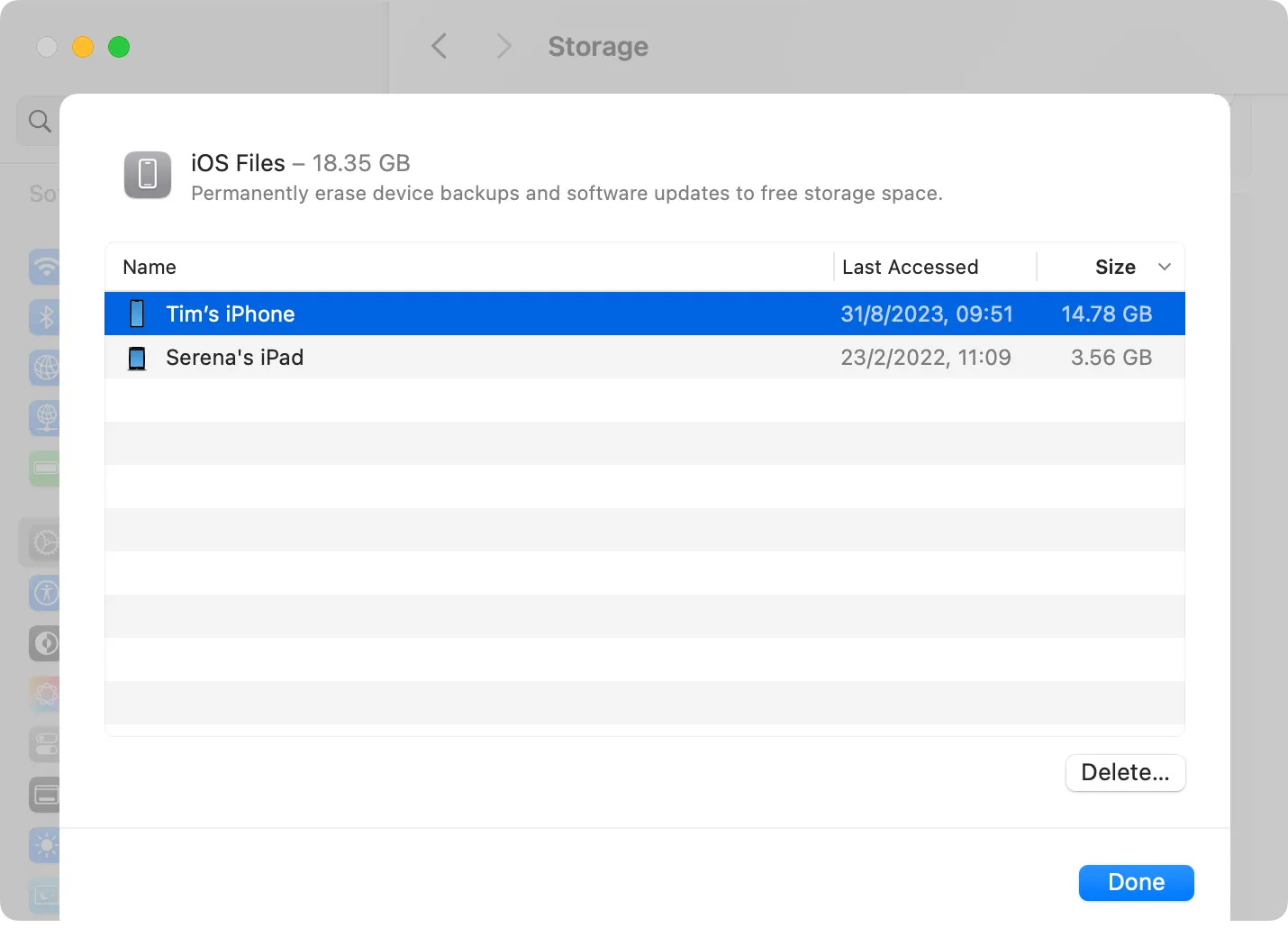 Mục &quot;Tệp iOS&quot; trong Cài đặt hệ thống macOS hiển thị các bản sao lưu thiết bị