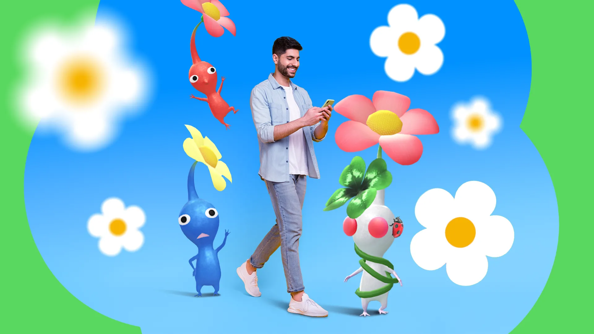 Người đàn ông đi bộ trên đường phố, chơi game Pokémon GO hoặc Pikmin Bloom trên điện thoại thông minh, minh họa tính di động vượt trội của game Android.