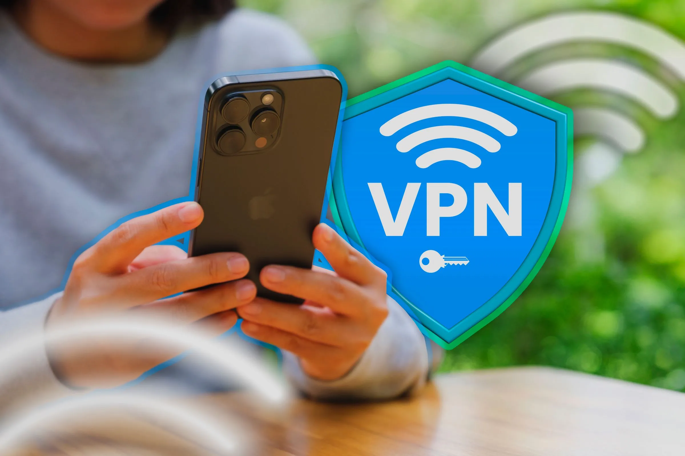 Người dùng iPhone với biểu tượng VPN lá chắn, thể hiện việc sử dụng mạng riêng ảo để bảo mật kết nối và truy cập nội dung trực tuyến.