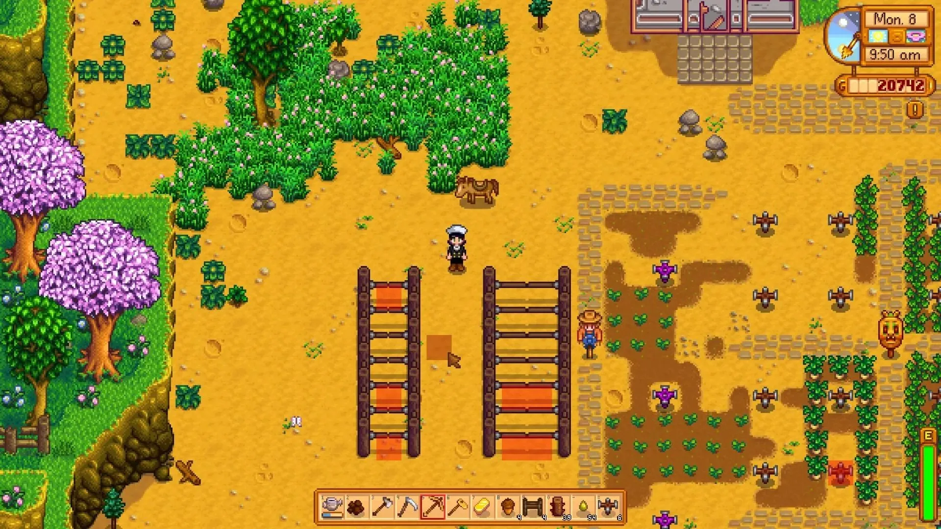 Người nông dân đứng trước hàng loạt cổng tự động trên nông trại Stardew Valley, minh họa sự tiện lợi của Automatic Gates Mod.