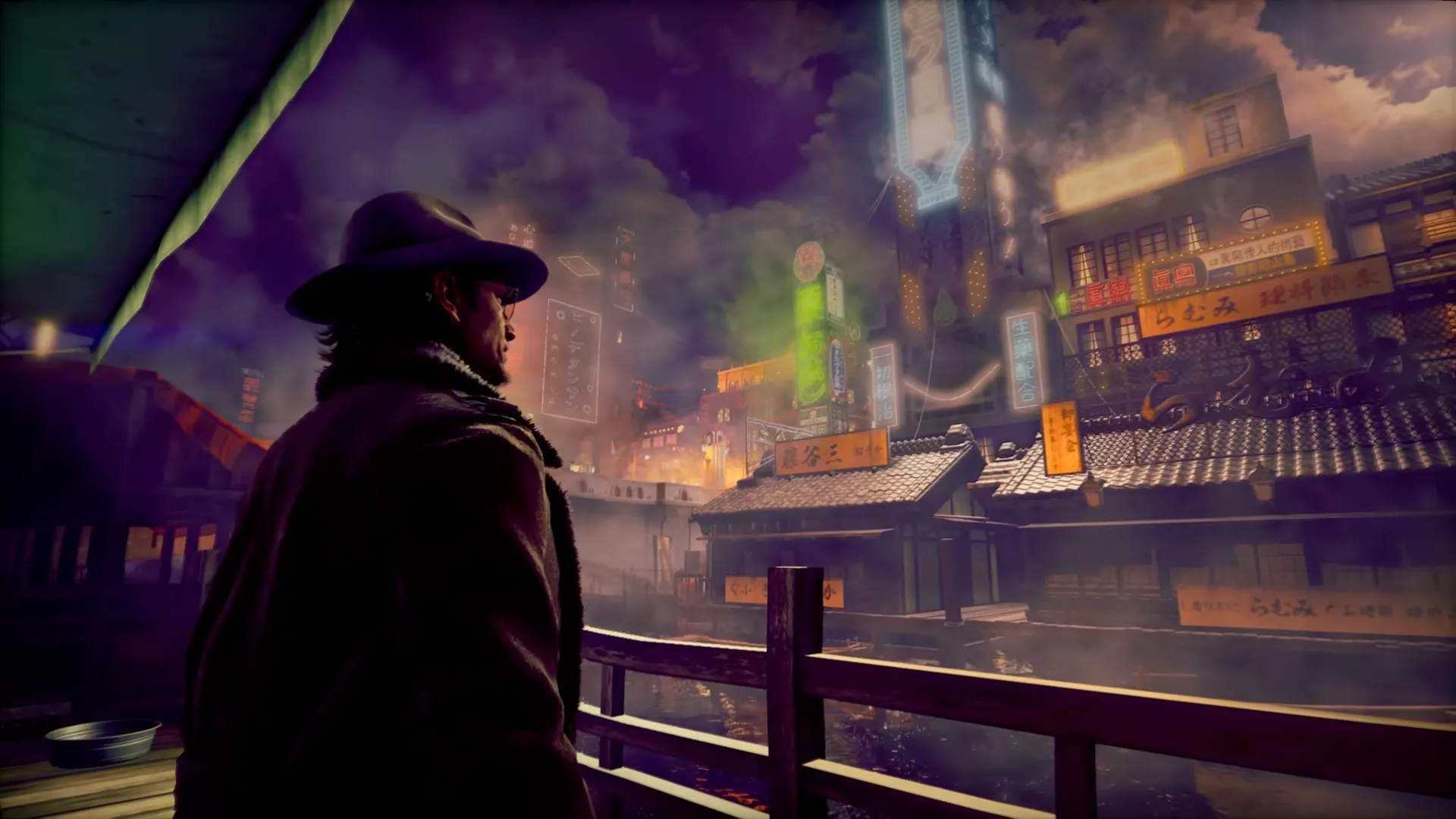 Nhân vật chính của Stranger Than Heaven nhìn ra một thành phố Nhật Bản trong game, cho thấy bối cảnh và đồ họa độc đáo.
