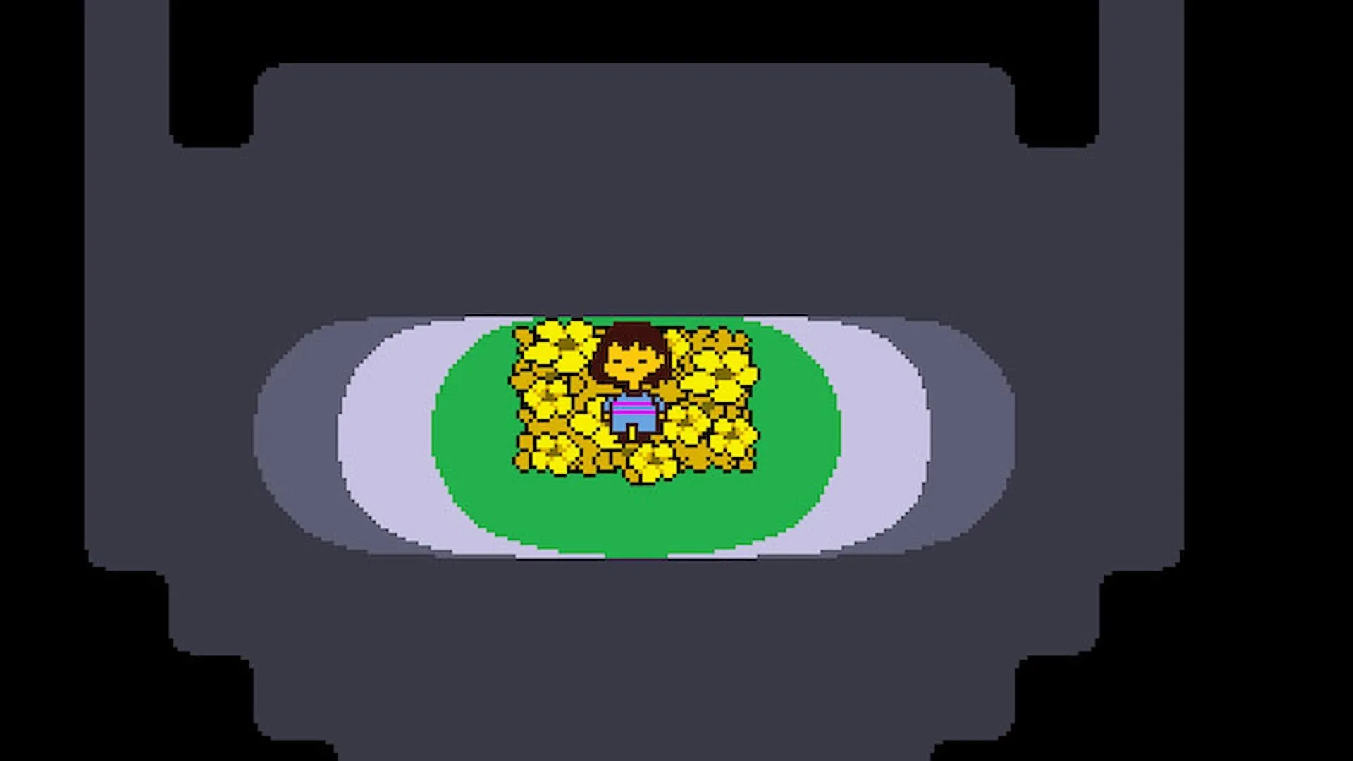 Nhân vật chính của Undertale giữa những bông hoa, biểu tượng cho con đường hòa bình hoặc bạo lực mà người chơi có thể chọn.