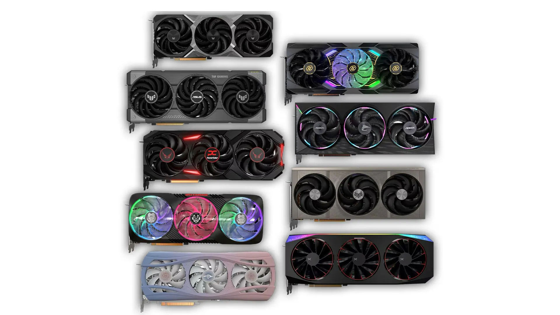 Nhiều mẫu card đồ họa AMD RX 9070 từ các thương hiệu đối tác khác nhau, thể hiện sự đa dạng về thiết kế và khả năng cung ứng