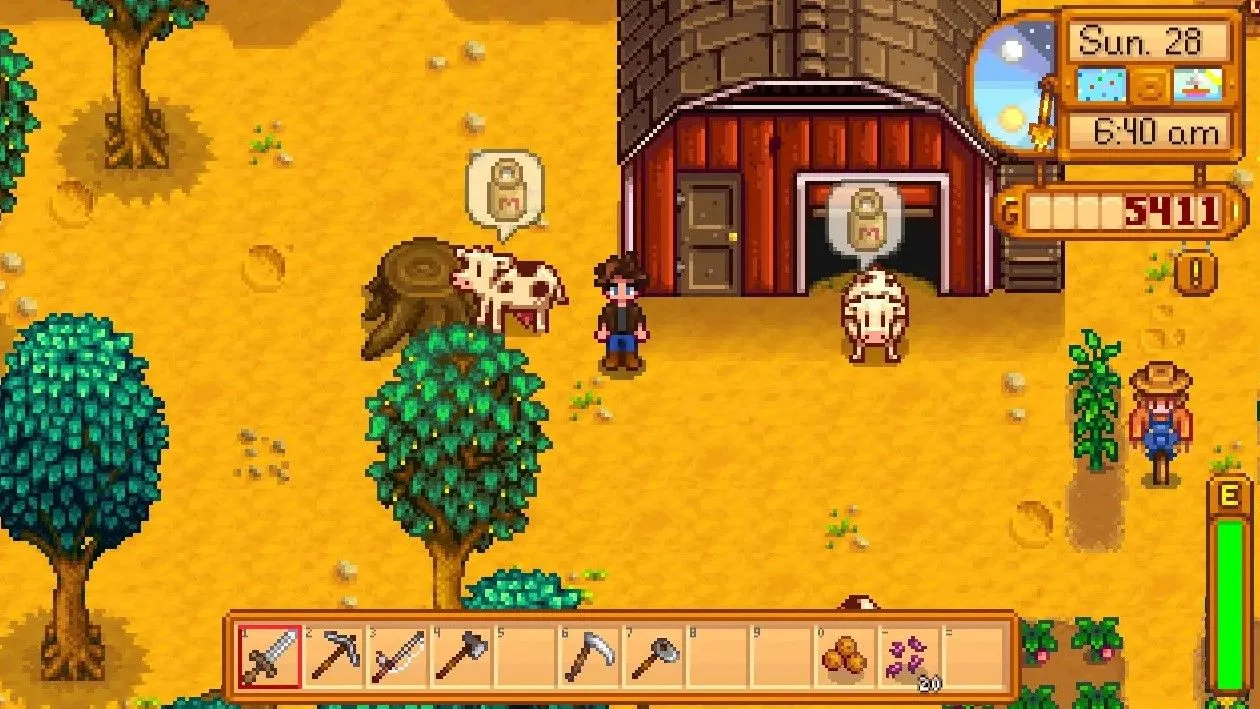 Những con bò trên nông trại Stardew Valley có biểu tượng trạng thái trên đầu, cho biết chúng cần được chăm sóc hoặc đã sẵn sàng cho thu hoạch.