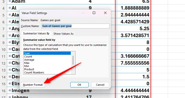 Nút Number Format trong hộp thoại Value Field Settings của PivotTable Excel