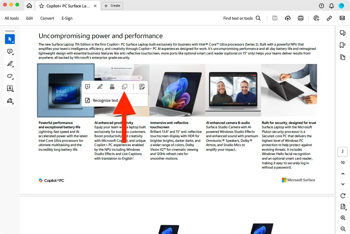 Nút sao chép hình ảnh (Copy image) trong thanh công cụ của Adobe Acrobat Reader.