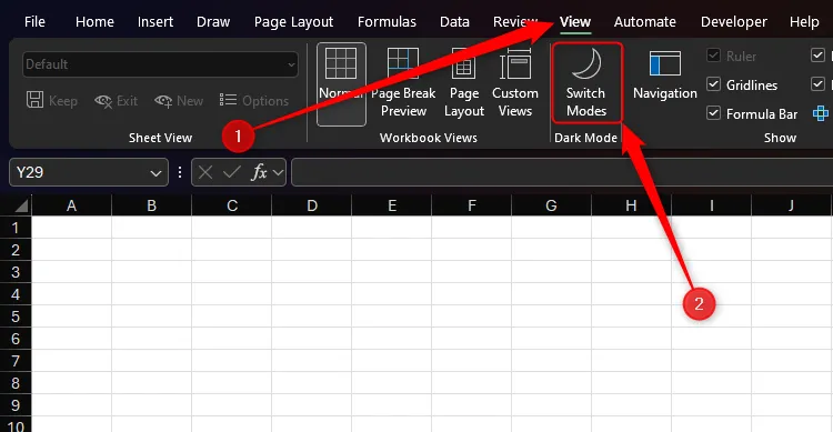 Nút &quot;Switch Modes&quot; nổi bật trên tab &quot;View&quot; của ribbon Microsoft Excel, công cụ cần thiết để chuyển đổi chế độ sáng/tối cho ô bảng tính.