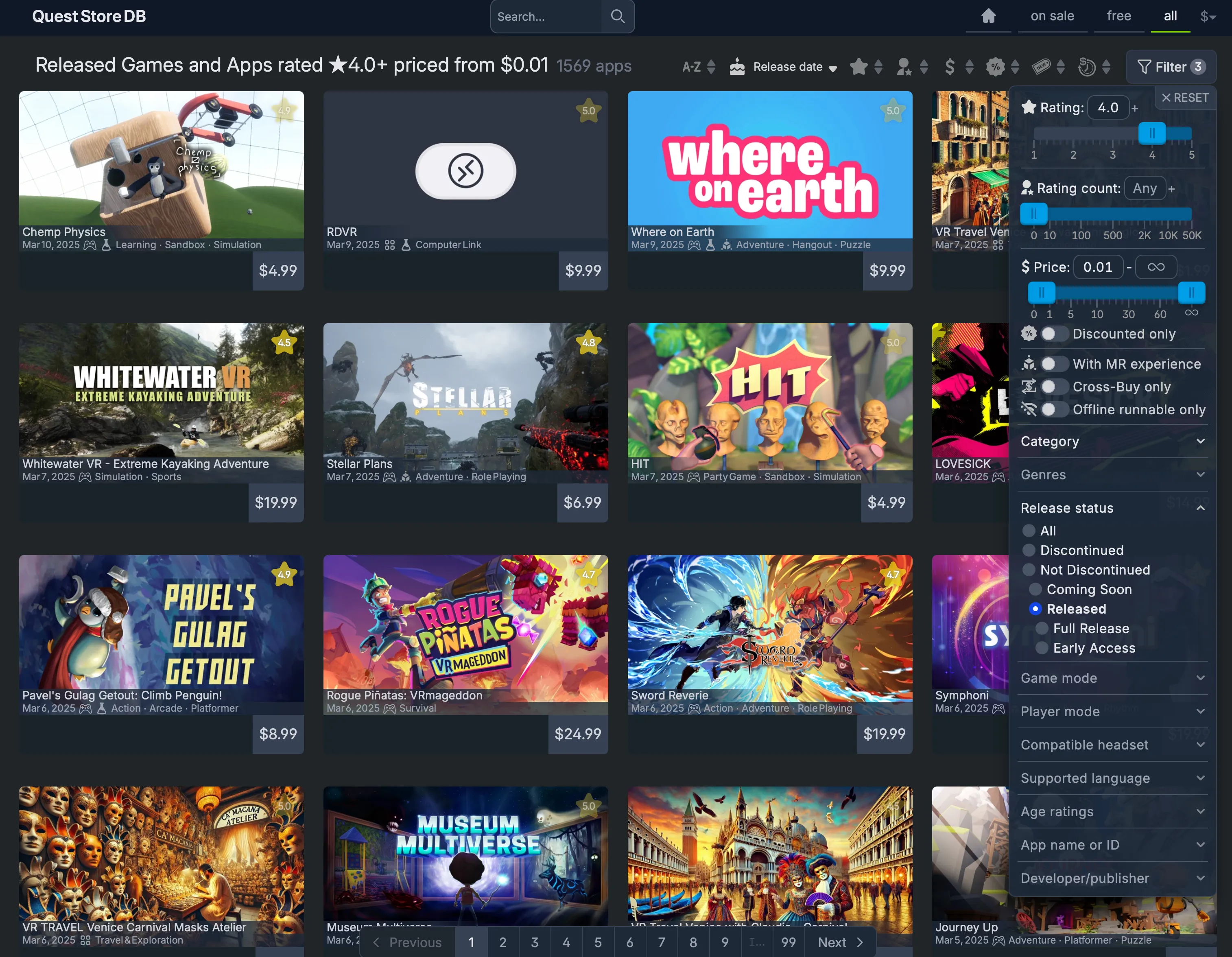 Quest Store DB với các tùy chọn bộ lọc nâng cao, giúp người dùng Meta Quest tìm kiếm game chất lượng và loại bỏ game rác.