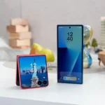 samsung galaxy z fold 7 standing on a table next to a galaxy z flip 7