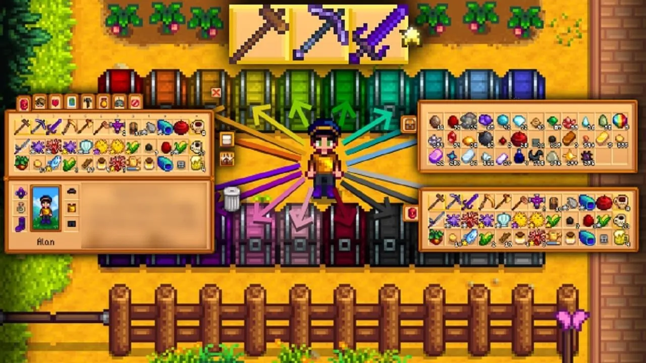 Sơ đồ minh họa cách nông dân Stardew Valley tự động sắp xếp nhiều vật phẩm vào các thùng chứa khác nhau cùng một lúc với Convenient Inventory Mod.