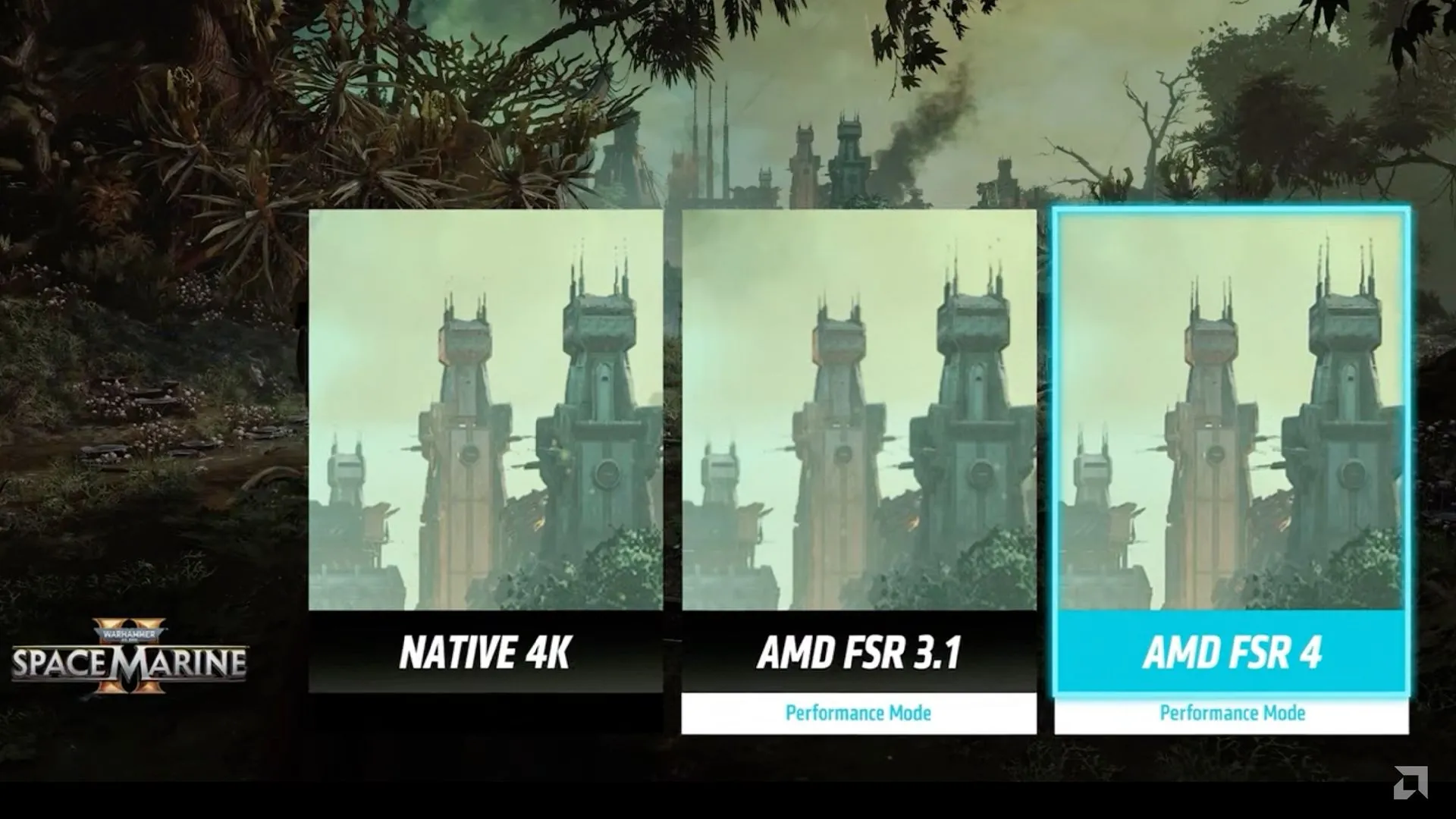 So sánh chất lượng hình ảnh FSR 4, FSR 3.1 và độ phân giải 4K gốc trong game Space Marine với GPU AMD