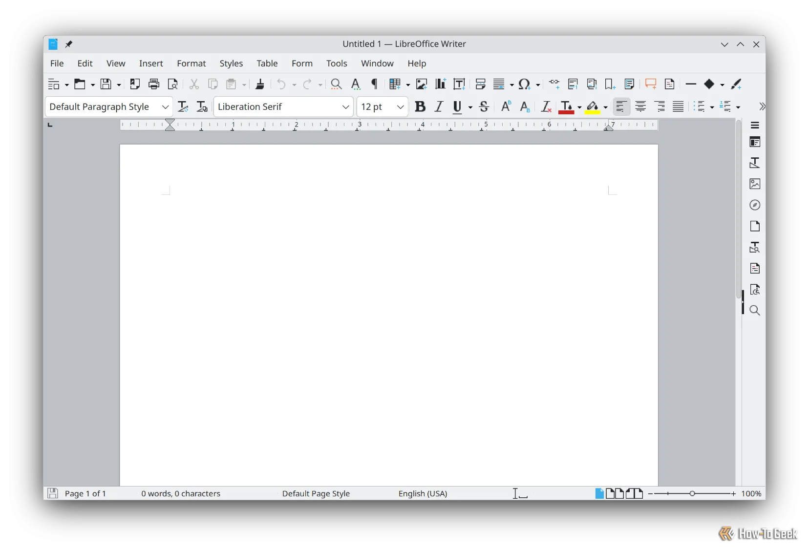 Tài liệu trống trong LibreOffice Writer với giao diện cổ điển.