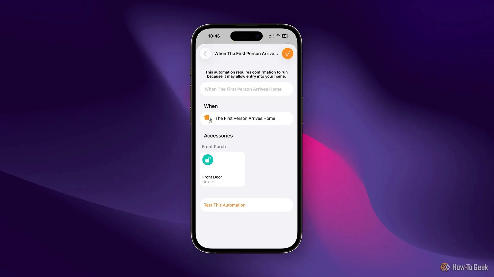 Tạo tự động hóa mới trong ứng dụng Apple Home để tự động mở khóa cửa trước khi người đầu tiên về nhà.