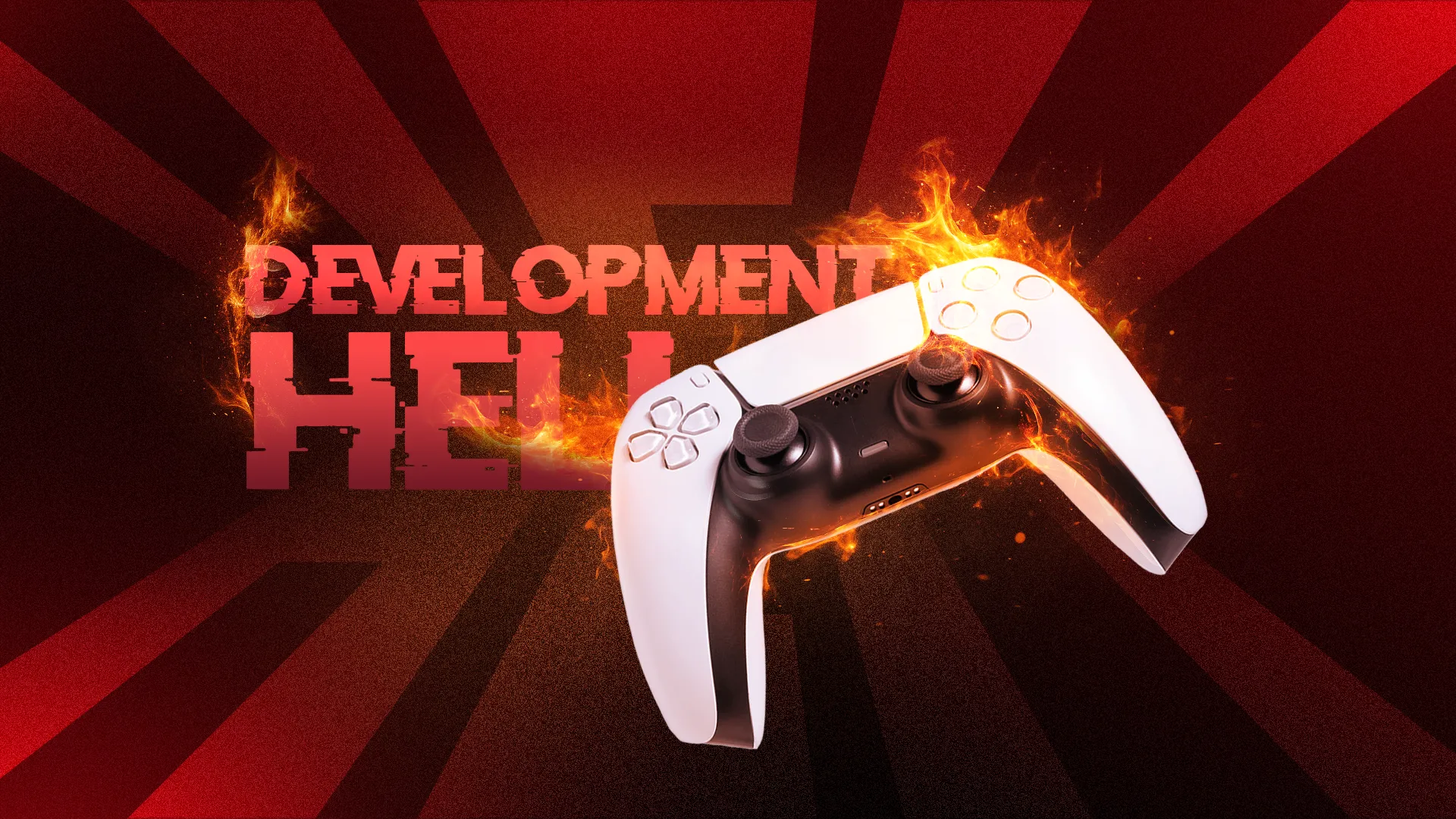 Tay cầm chơi game bốc cháy với dòng chữ &quot;Development Hell&quot;, minh họa cho rủi ro khi game bị kéo dài quá trình phát triển và kỳ vọng quá mức như Cyberpunk 2077