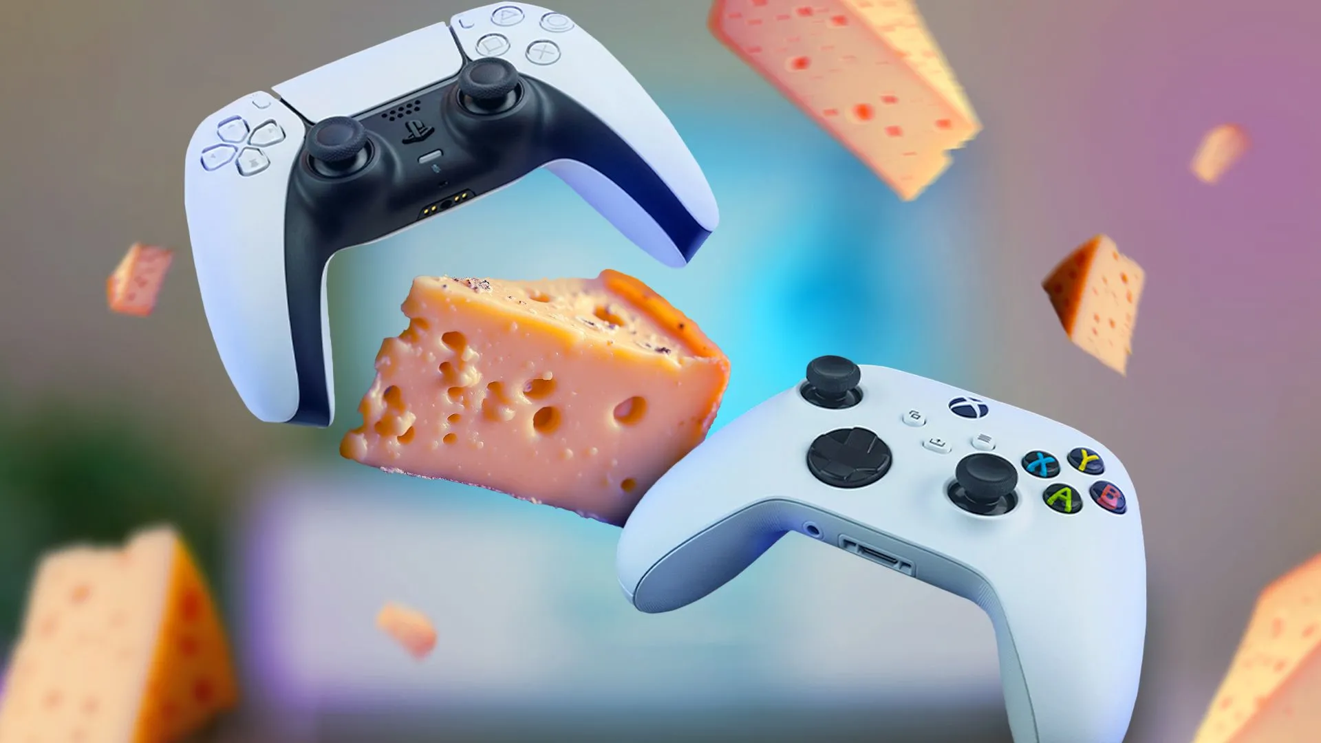 Tay cầm chơi game PlayStation 5 và Xbox Series S cùng miếng phô mai xung quanh, biểu tượng cho việc &quot;cheesing&quot; – tận dụng lỗ hổng trong game để vượt qua thử thách.