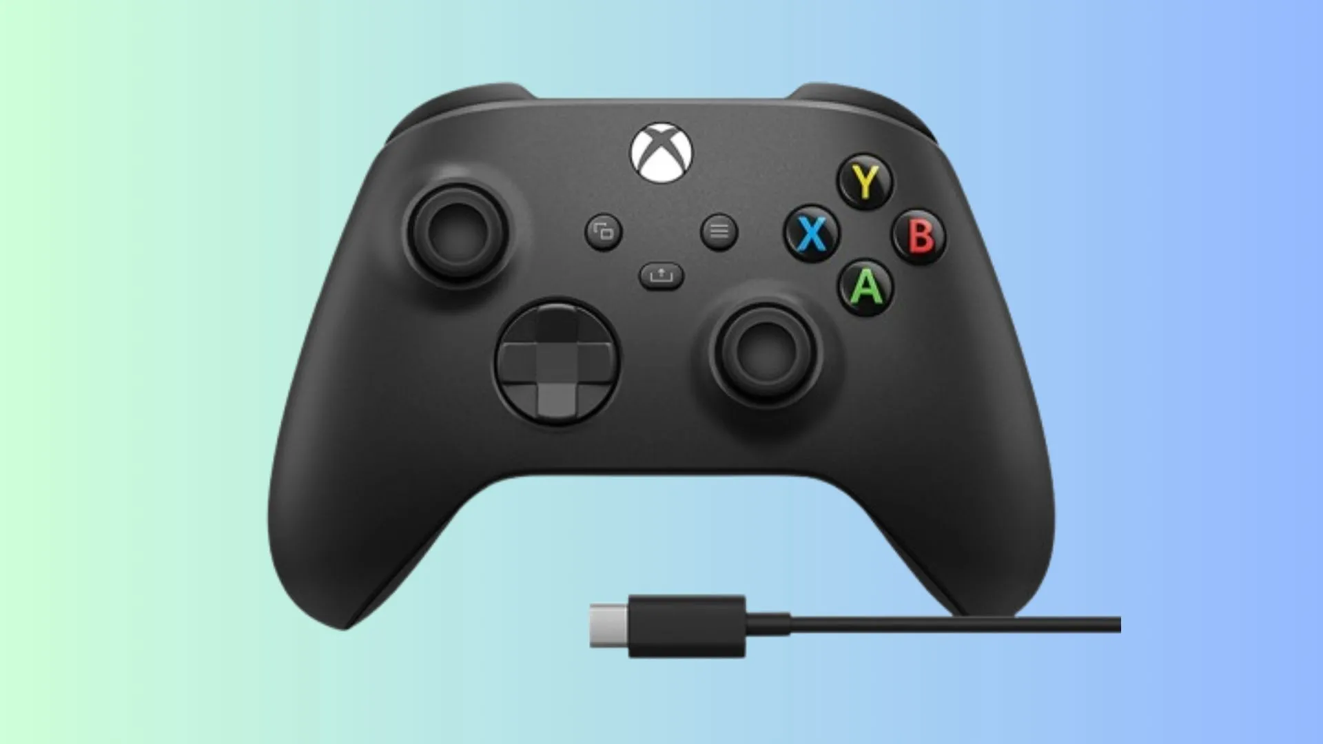 Tay cầm không dây Xbox Core Wireless Controller màu đen trên nền gradient, thể hiện khả năng ghép nối nhanh chóng qua USB
