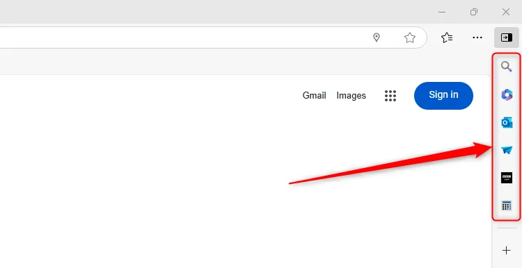 Thanh bên Microsoft Edge được làm nổi bật, hiển thị một số ứng dụng và trang web được ghim.