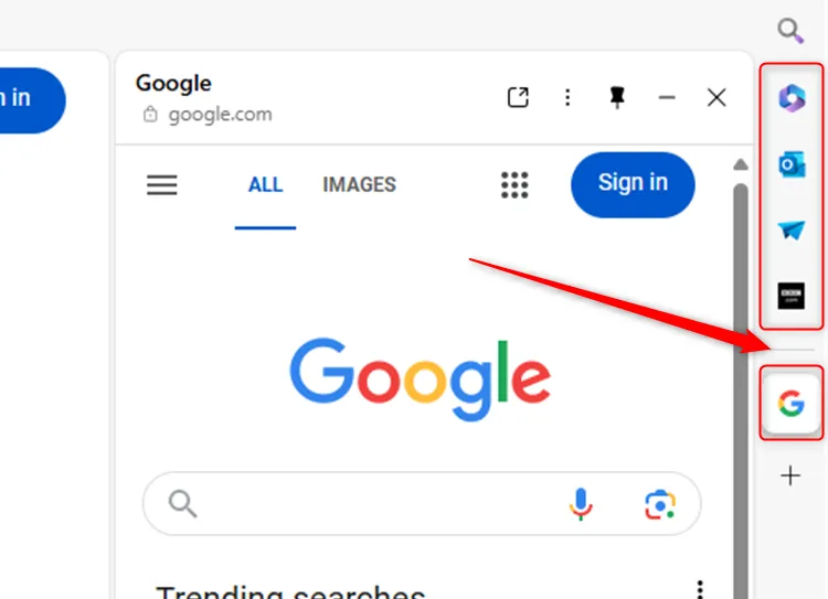 Thanh bên Microsoft Edge với đường phân chia giữa ứng dụng tạm thời và vĩnh viễn được làm nổi bật.