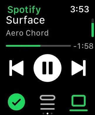 Thanh điều chỉnh âm lượng trong ứng dụng Spotify hiển thị trên màn hình Apple Watch.