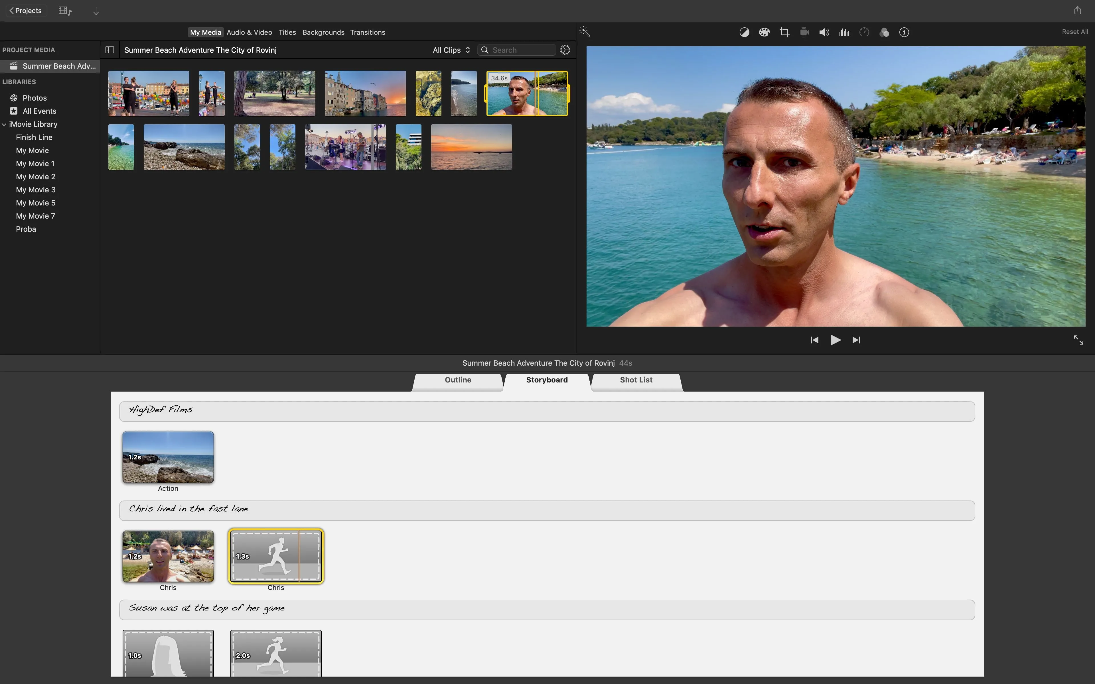 Thêm video vào vị trí giữ chỗ storyboard trong iMovie trên Mac bằng cách chọn điểm bắt đầu.