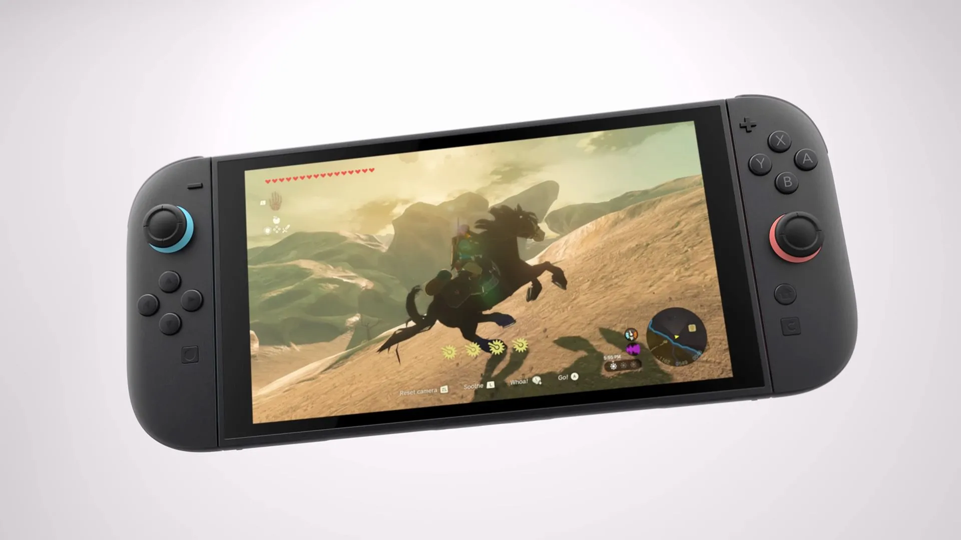 Thiết bị chơi game Nintendo Switch 2 hiển thị hình ảnh tựa game The Legend of Zelda, gợi mở về khả năng tương thích ngược và tính năng NFC mới.
