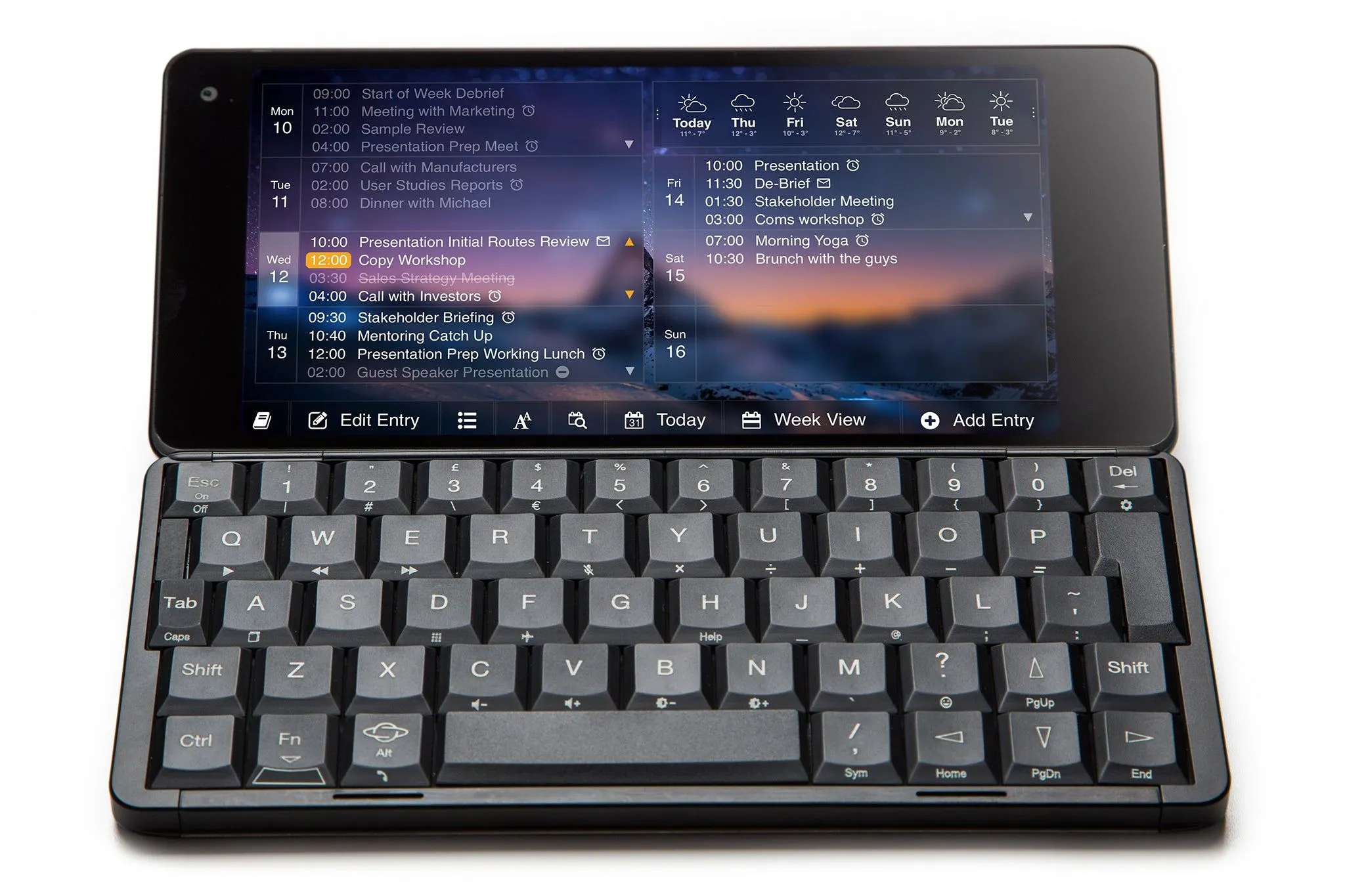Thiết bị Gemini PDA màu đen mở ra, hiển thị màn hình và bàn phím QWERTY vật lý.