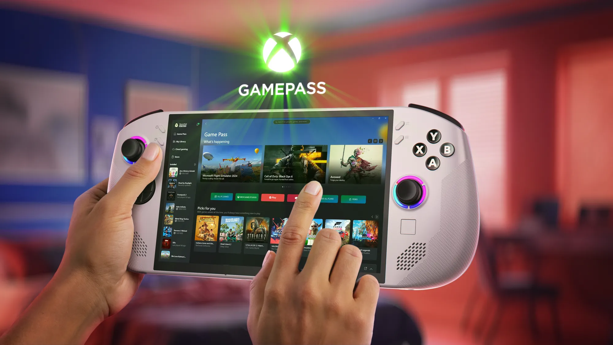 Thiết bị Legion Go S hiển thị giao diện Xbox Game Pass, minh họa dịch vụ đăng ký game giúp tiết kiệm chi phí.
