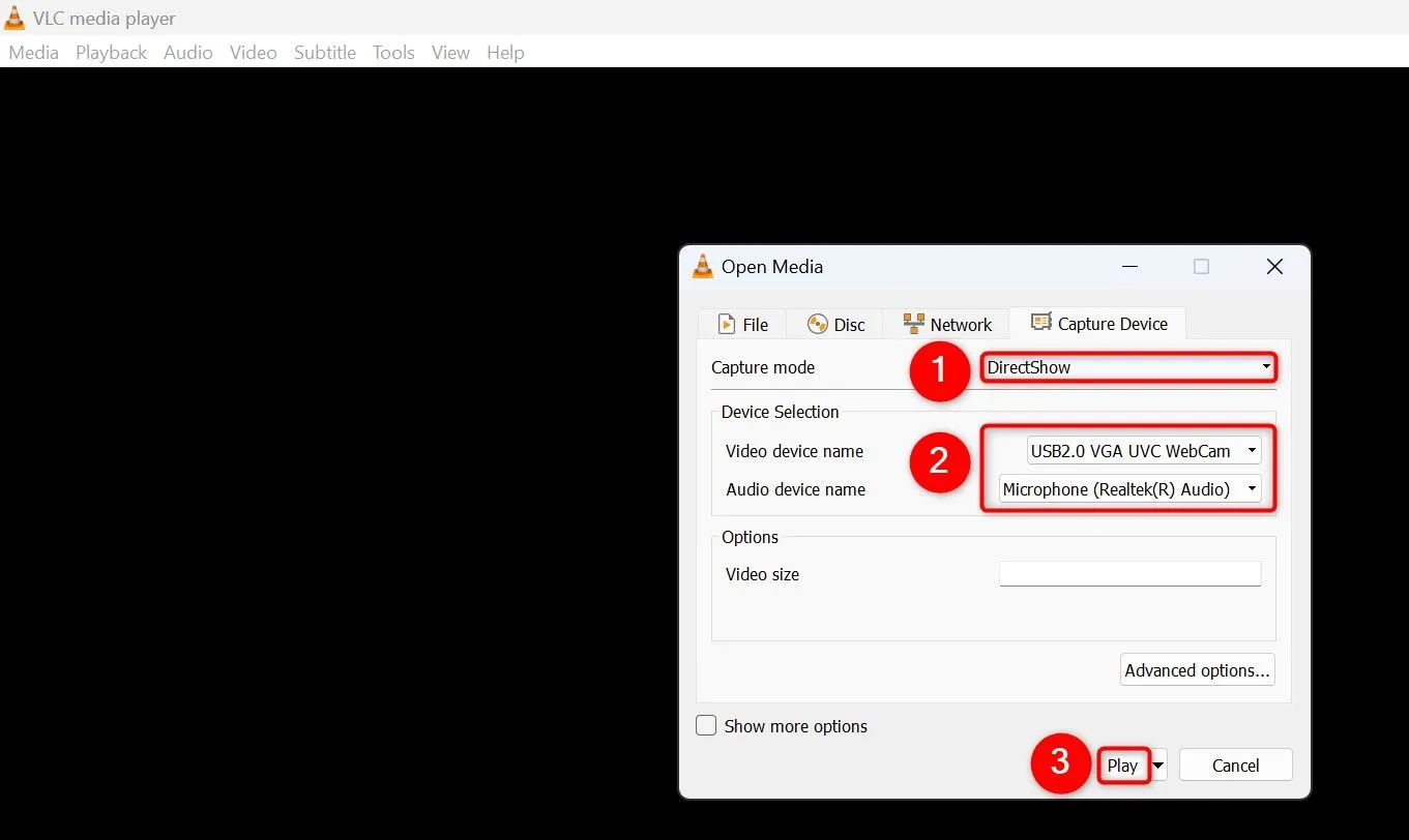 Thiết lập &quot;Open Capture Device&quot; trong VLC để chọn webcam và xem luồng hình ảnh trực tiếp.
