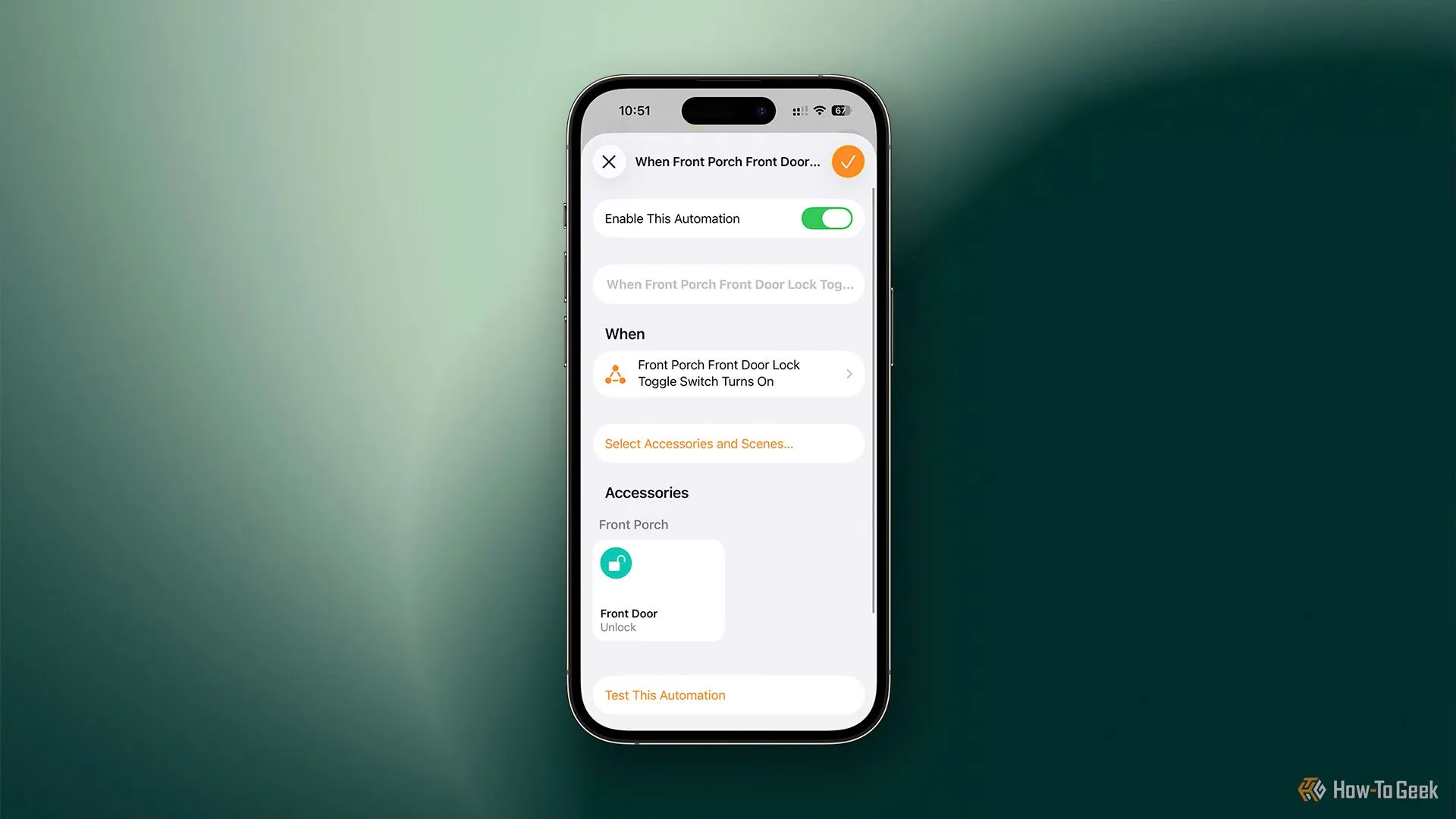 Thiết lập tự động hóa HomeKit để mở khóa cửa khi công tắc ảo được bật, là một phần của quy trình bypass bảo mật.
