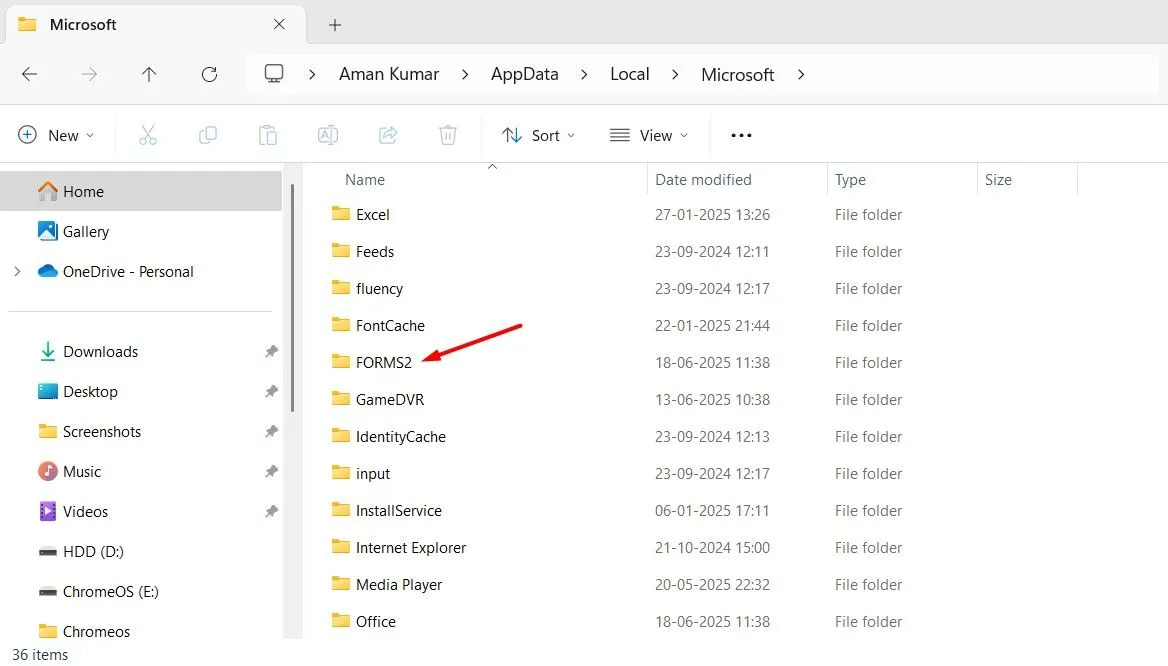 Thư mục FORMS2 nằm trong thư mục Microsoft trên hệ thống, là bước khắc phục lỗi Outlook bị treo.