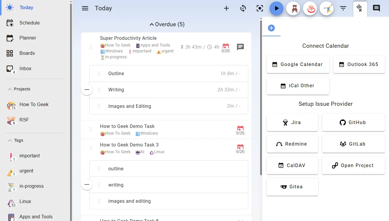Tích hợp Super Productivity với các ứng dụng và dịch vụ bên thứ ba phổ biến.