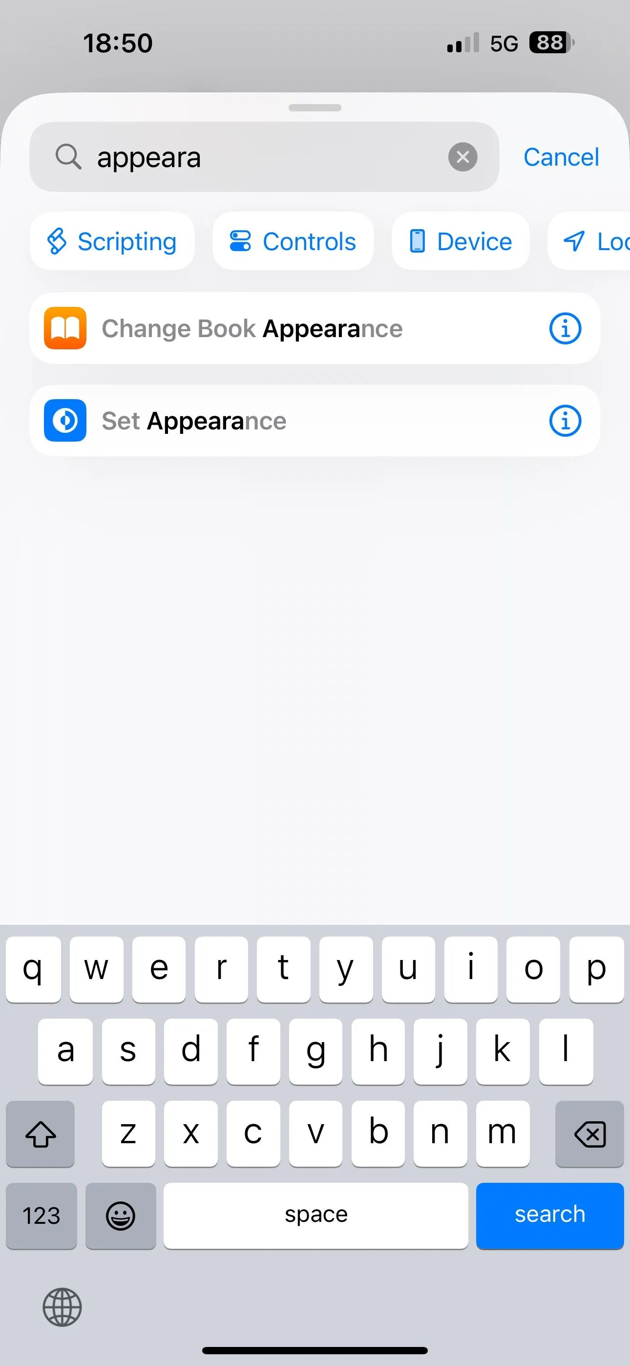 Tìm và thêm hành động Đặt Giao diện (Set Appearance) vào Phím tắt trong ứng dụng Phím tắt trên iPhone