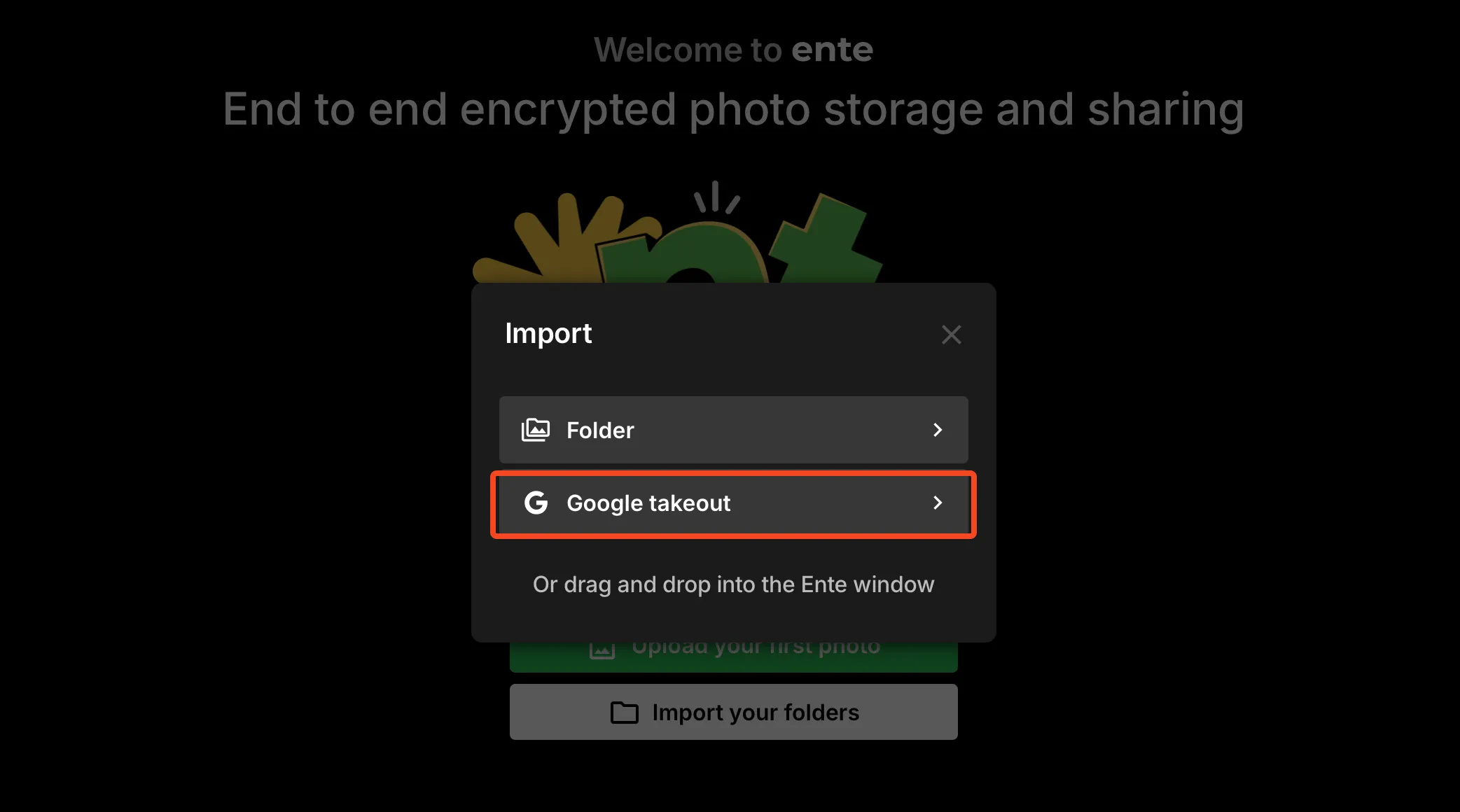 Tính năng nhập ảnh từ Google Takeout trong ứng dụng Ente Photos trên máy tính.
