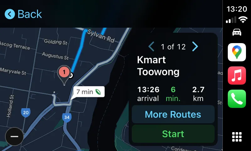 Tổng quan tuyến đường và thời gian ước tính đến Kmart trên Google Maps CarPlay