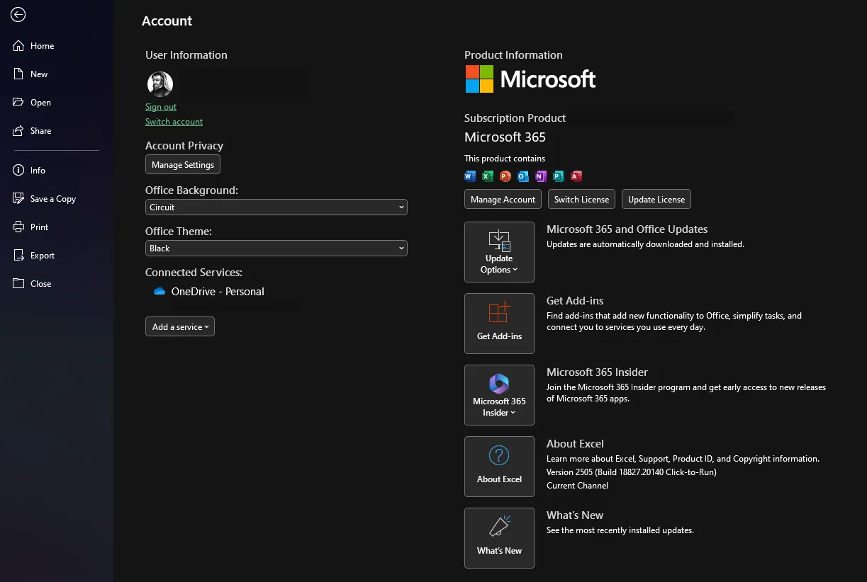 Trang tài khoản Microsoft Excel hiển thị chủ đề Office &quot;Black&quot; đã được chọn, với giao diện màu đen cho ribbon và menu.