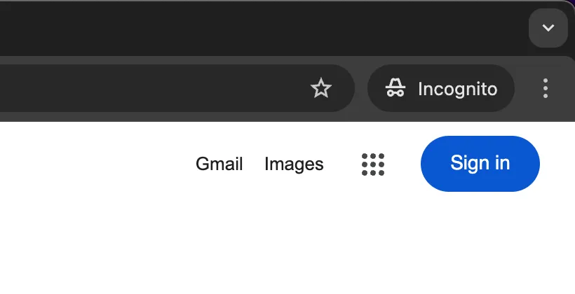Trang tìm kiếm Google trong chế độ ẩn danh, hiển thị trạng thái chưa đăng nhập tài khoản.