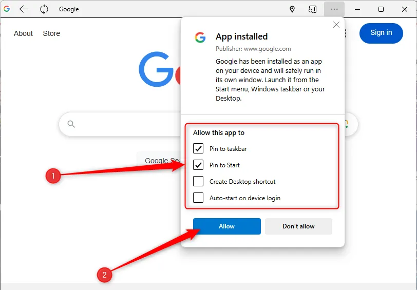 Trang web Google được tải xuống dưới dạng ứng dụng, và các tùy chọn hiển thị ứng dụng ở các vị trí và kịch bản khác nhau được hiển thị.