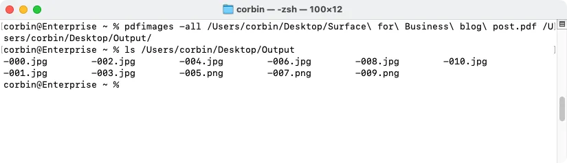 Trích xuất hình ảnh từ file PDF bằng lệnh pdfimages trong Terminal trên Mac.