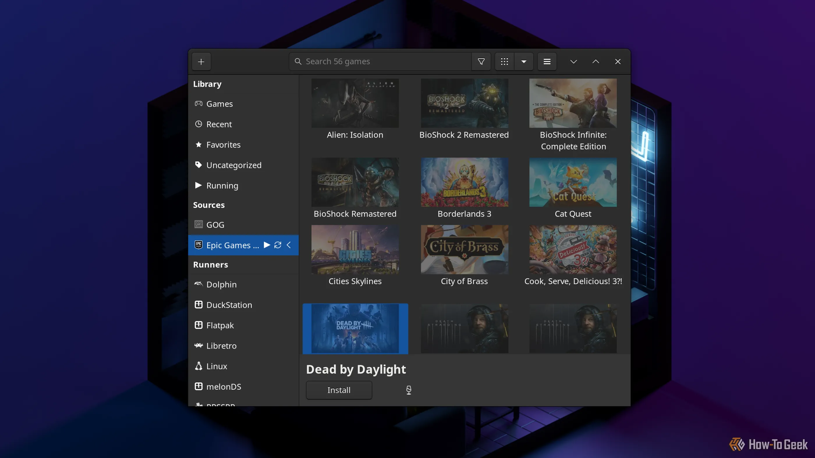 Trình quản lý game Lutris hiển thị các game đã mua từ Epic Games Store