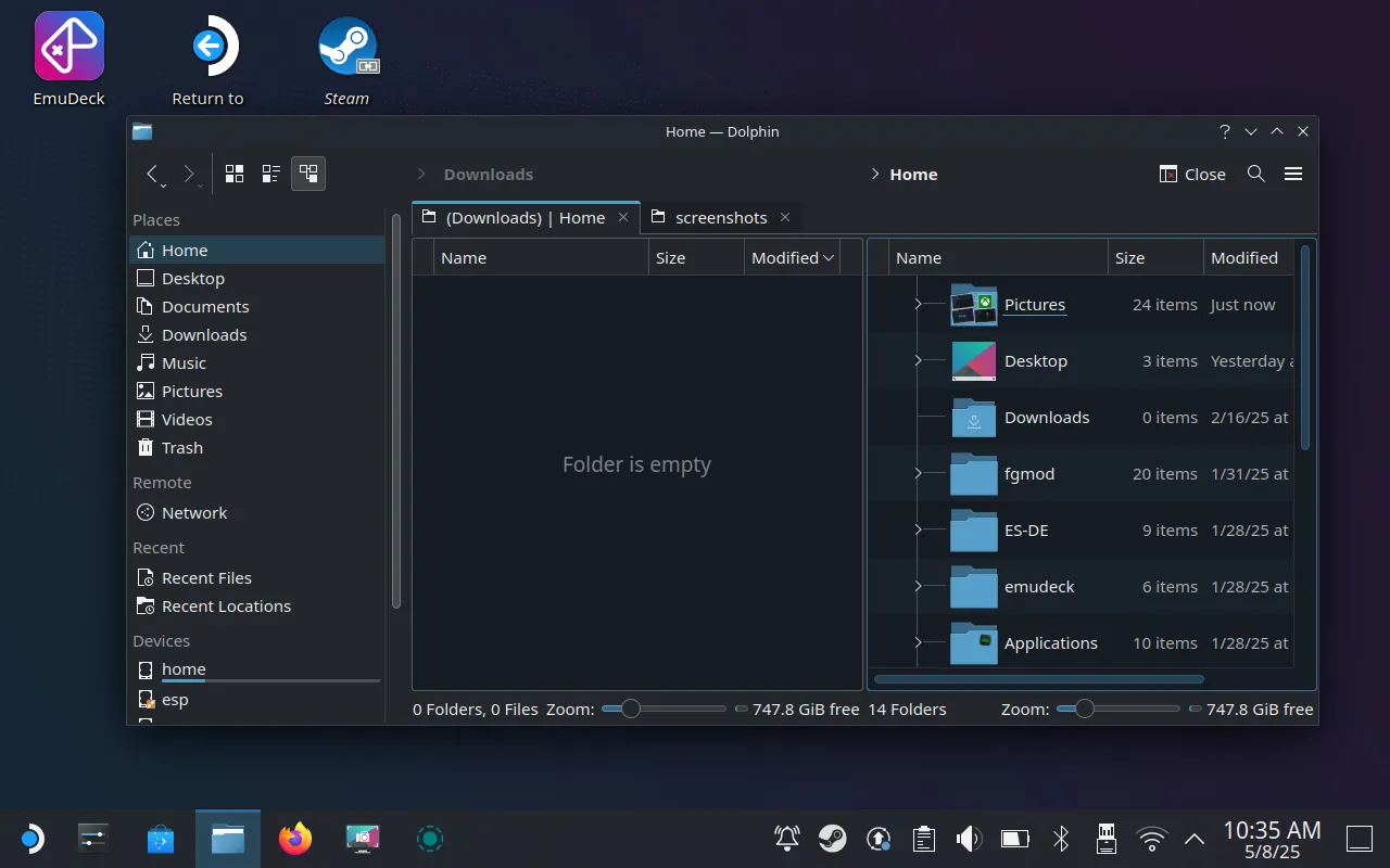 Trình quản lý tệp Dolphin trên Steam Deck với giao diện chia đôi hiển thị hai thư mục cùng lúc