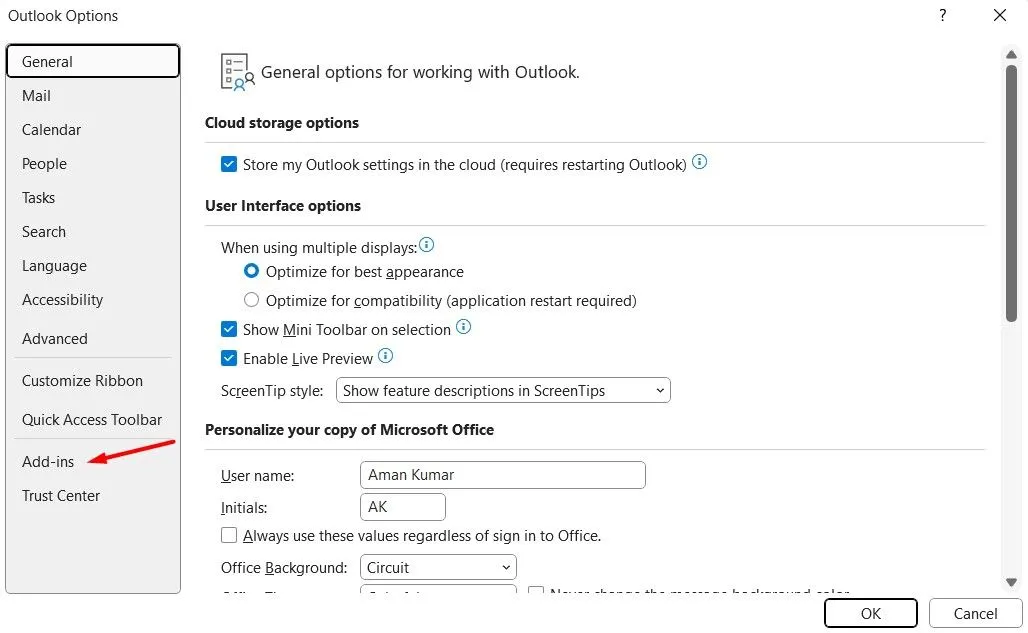 Tùy chọn Add-ins trong cửa sổ cài đặt Outlook, giúp quản lý các tiện ích mở rộng.